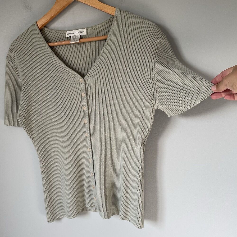 Casual Corner Vintage Knit Sweater Top Button Up V-Neck Green Women's Size Large - Picture 5 of 9